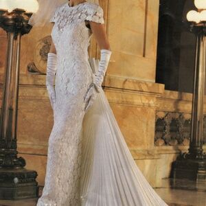 Demetrios Illisa ivory gown with long, pleated detachable train